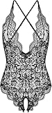 Women One Piece Lingerie Sexy Teddy V Neck Bodysuit Lace Nightie (Black, X-Large)