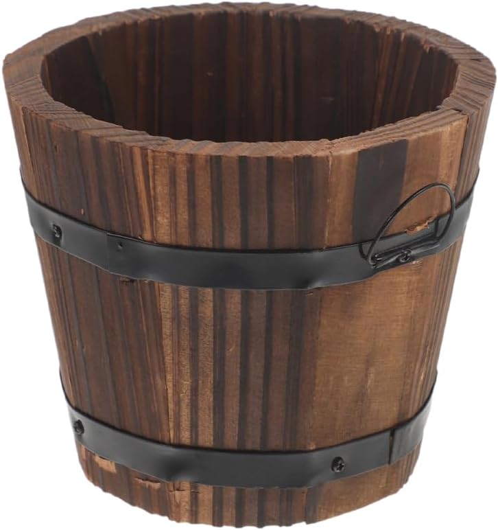 VANZACK Rustic Wooden Barrel Planter Planter Plant Pot Box Pail Container Whiskey Barrel Bucket with Handle for Garden Backyard Outdoor Indoor Decor