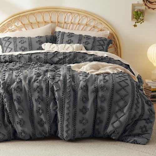 Bedsure Tufted Boho Comforter Set California King Size - Dark Grey Boho Bed Set, GentleSoft™ 3 Pieces Farmhouse Shabby Chic Embroidery Bedding, Gifts for Woman, Soft Jacquard Comforter for All Seasons