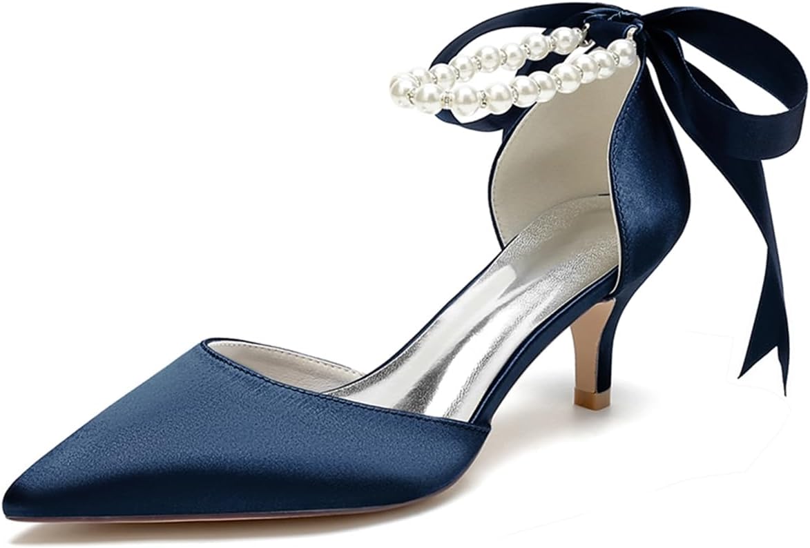 Women's Pointed Toe Kitten Heels Satin Bridal Pumps Ankle Strap Pearls Stilettos Wedding Prom Party Dress Shoes