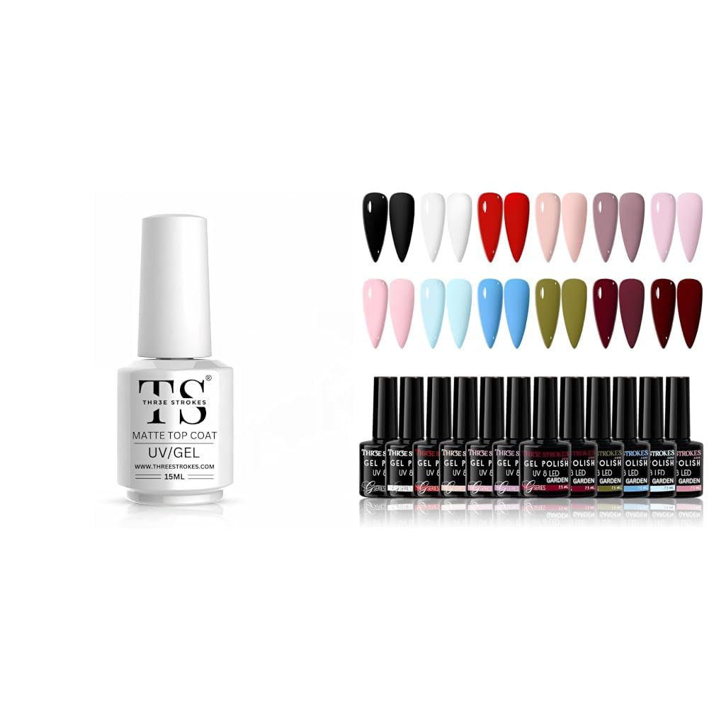 THR3E STROKES Matte Gel Top Coat 15ml, No-Wipe Chrome Powder-Resistant Polish, Long Lasting Gel Nail Polish Set 12 Colors Purple Gel Polish Set Burgundy Red Nail Polish Soak Off Pink Nude Brown Nail-image-22