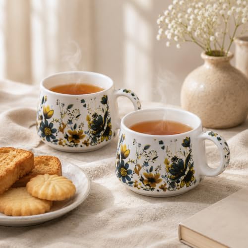 Image of The Earth Store Premium Handcrafted Daisy Bloom Ceramic Tea Cup Set with Kettle Microwave and Dishwasher Safe 6 Tea Cups & 1 Kettle | Tea Pot Set | Morning Set
