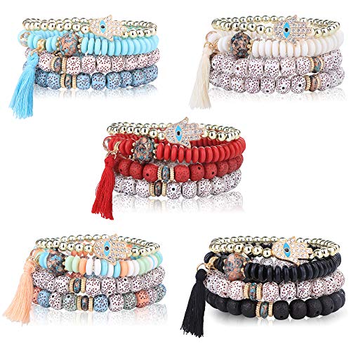 LOYALLOOK 5Sets Bohemian Stretch Beaded Bracelets for Women Crystal Beaded Strand Bangle Charm Multilayer Stackable Bracelets