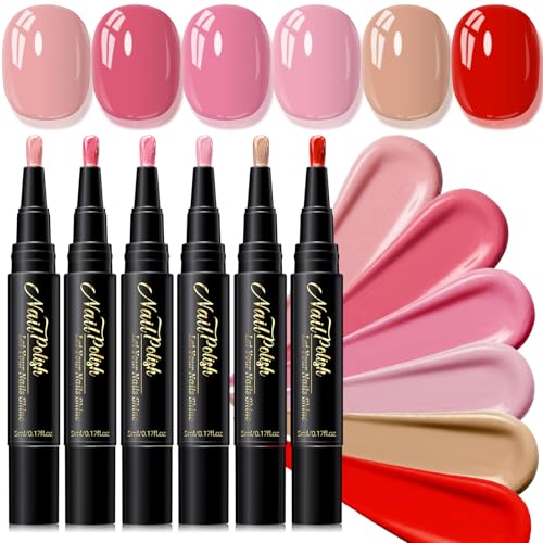 6PCS Nagellack Schnelltrocknend - Rot Rosa Nagellackstift Schnelltrocknend Wasserbasis Nail Arts Pen Ohne UV Lampe