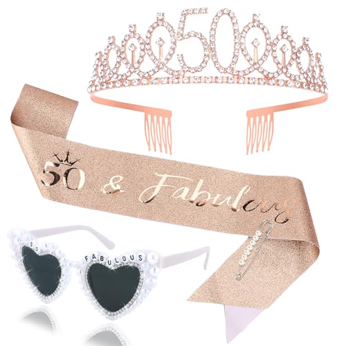 Tiara de cumpleaños 50 para mujer con banda y gafas de sol con diamantes para fiesta