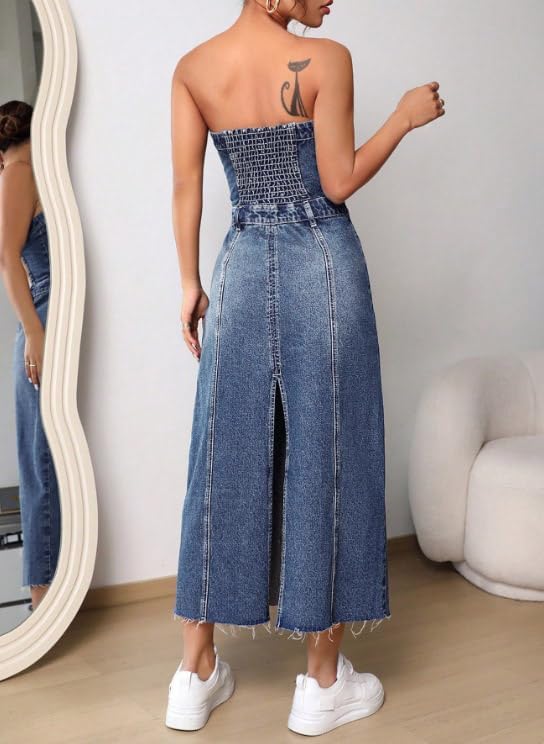 utcoco Denim Dress for Women Sexy Strapless Denim Tube Tops Back Smocked Jean Dresses for Women 2025 - Image 3