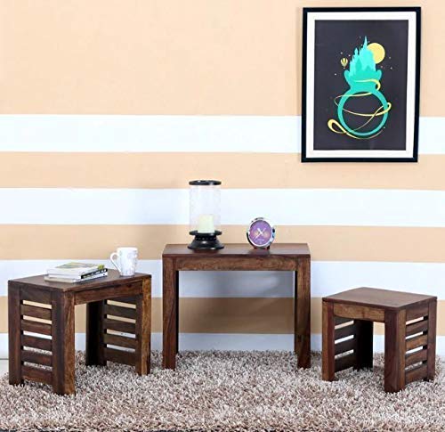 Image of Sheesham Wood Nesting Table Bedside Table End Table Set of 3 Stools Furniture for Living Room (Natural Walnut Finish)