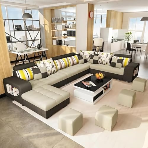 Image of Torque - Allister U Shape 12 Seater Sofa Set for Living Room (Left Side, Beige & Brown) | U Shaped Sofa Couch with 4 Puffy for Hall Guest Room | 1 Years Warranty