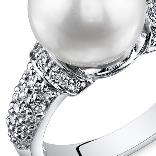 Dazzling Freshwater Cultured White Pearl Ring (8.5-9mm) Sterling Silver CZ Accent Sizes 5 to 92