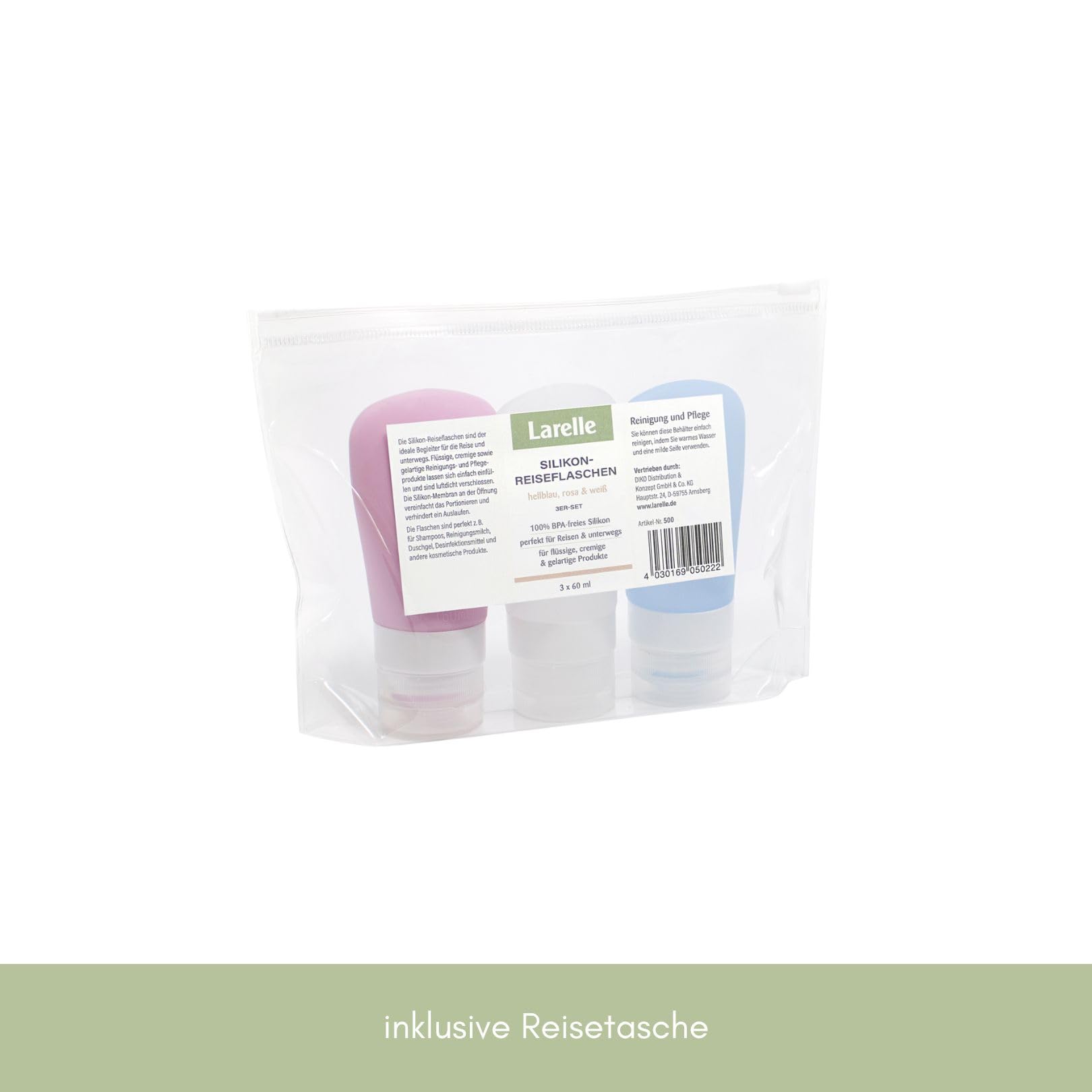 Larelle Silikonowe butelki podróżne, zestaw 3 sztuk, 3 x 60 ml, silikon bez BPA, pojemniki na płyny, szczelne, pojemnik podróżny, z przezroczystą torbą, jasnoniebieski, różowy, biały
