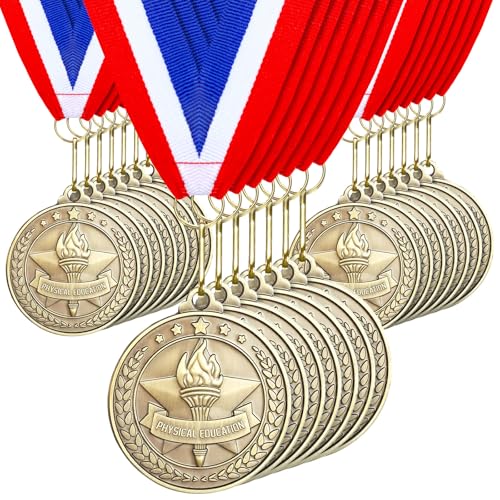 Quelay 30 Pcs 2'' Award Medals Bulk Gold Winner Medals with Neck Ribbons Metal Trophy Award Prize Gift for Tournaments, Competitions, Party, Kids and Adults (Physical Education)