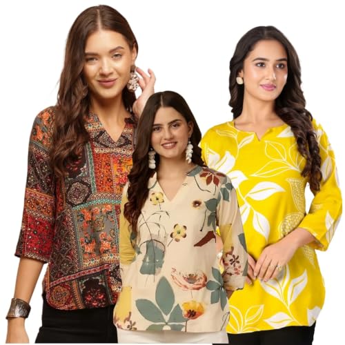 Image of Women's Printed Short Kurti Tops Rayon Cotton Blend Tunic Combo