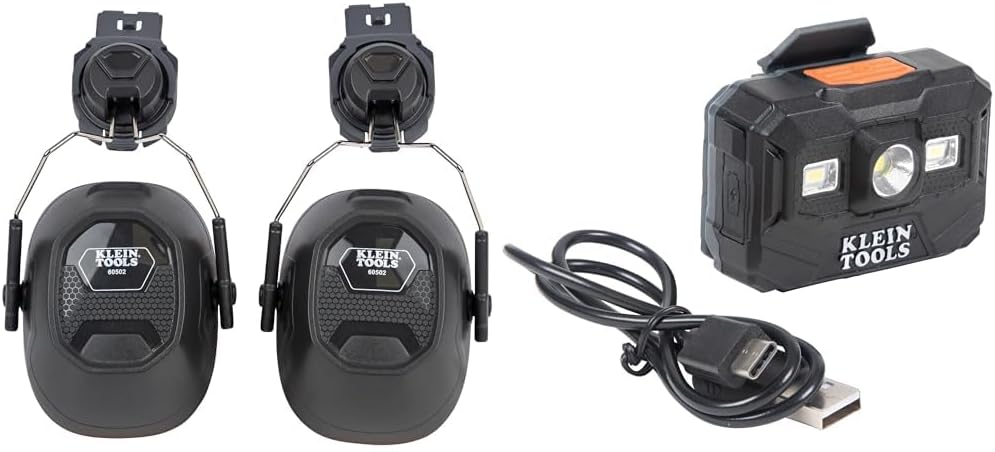 Klein Tools 60502 Earmuffs, Full Brim Hard Hat Attachment, 26dB Noise Protection & 56062 Rechargeable LED Headlamp/Worklight for Klein Hardhats, 300 Lumens, All-Day Runtime