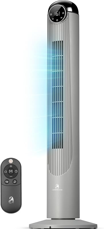 T42 Tower Fan-42 Inch, Bladeless Oscillating Fan with Remote, 6 Speeds & 4 Modes, LED Display, 9H Timer, Quiet Floor Standing Fan for Bedroom Living Room Office, Grey