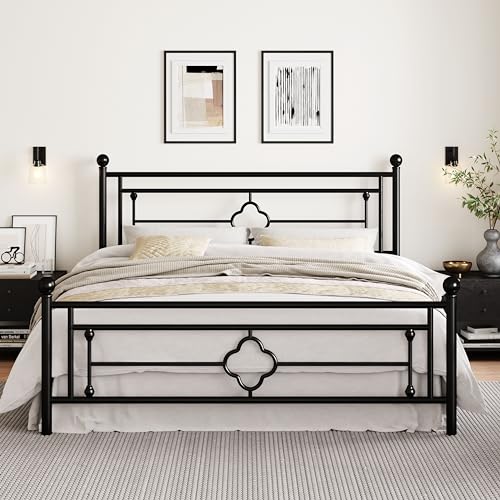 Image of SHA CERLIN 14 Inches King Size Metal Platform Bed Frame /Vintage Iron-Art Headboard and Footboard /Mattress Foundation for Storage /No Box Spring Needed /Noise-Free /Easy Assembly /Black