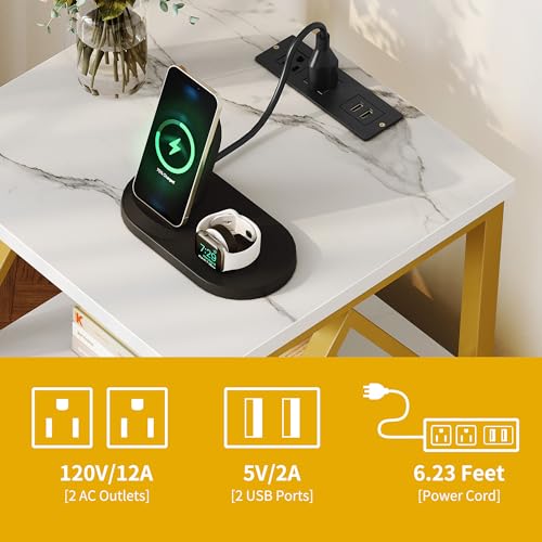 DWVO Floor Lamp with Table, Side Table Lamp with Outlets and USB Ports, 3-Color Temperature Table Lamps for Living Room, Bedroom, Modern Floor Lamp with Shelves, White & Gold