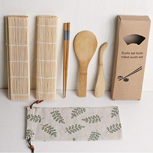 Kit de fabricação de sushi, kit de sushi 100% bambu, tapete de rolamento, espátula de arroz, pauzinh