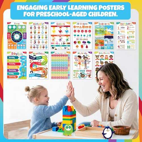 Sproutbrite 11 Pack 13.75"x19.75" Educational Posters for Toddlers Large Classroom Decorations for Preschool & Homeschool – Includes Alphabet, Numbers, Seasons, and Emotions – High-Visibility Learning Charts for Ages 3-5