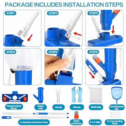 Miniatura 3 de Zqejefd Aspirador De Piscina, Aspiradoras De Mano Para Piscinas Con 4 Postes De Aluminio Extraíbles Y Skimmers Para Piscinas, Kit De Limpieza Piscina Para Bañera De Hidromasaje De Fuente De Piscina