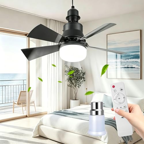 Ventilador de techo con luz y mando a distancia, 45 cm LED lámpara ventilador de techo regulable E27 lámpara integrada, 3 velocidades, temporizador, silencioso, para dormitorio, salón y cocina (negro+