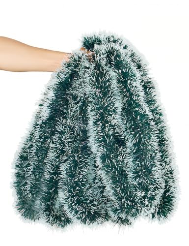 Lush Christmas Tinsel Garland, Dark Green & White Radiant Metallic Twist Streamers for Holiday Decor, Plush & Full Xmas Tree Garland for an Elegant Festive Atmosphere, Indoor & Outdoor Party Supplies
