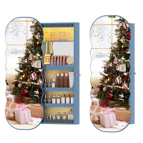 Hanging Jewelry Armoires with LED Lights and Lockable for Bedroom,White | Jewelry Storage Cabinet Wavy Mirror Jewelry Organizer, Frameless Mirror with Storage, LED Jewelry Cabinet Wall/Door
