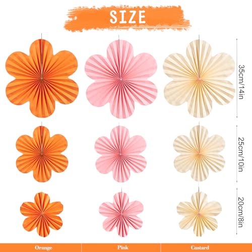 Image of PAPER JAZZ Spring Paper Flowers Decoration Summer Orange Birthday Party Decoration Orange Pink Groovy Paper Fans Classroom for Wall Hanging Decor for Office Baby Shower Bulletin Board.