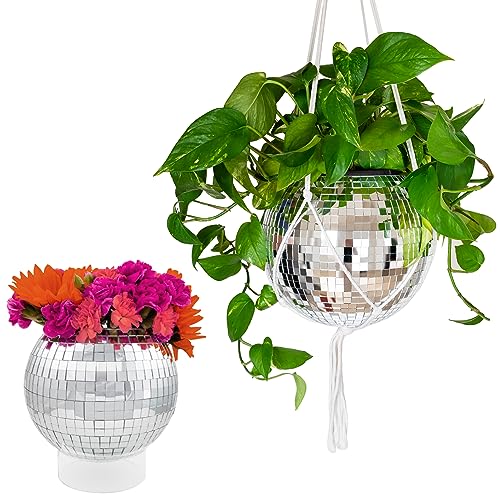 Havenstone Home Hanging Disco Ball Planter 8" - with Acrylic Stand and Macrame Plant Hanger - Home Décor, Room Décor, Mirror Disco Planter, Disco Decor (10" with Base)
