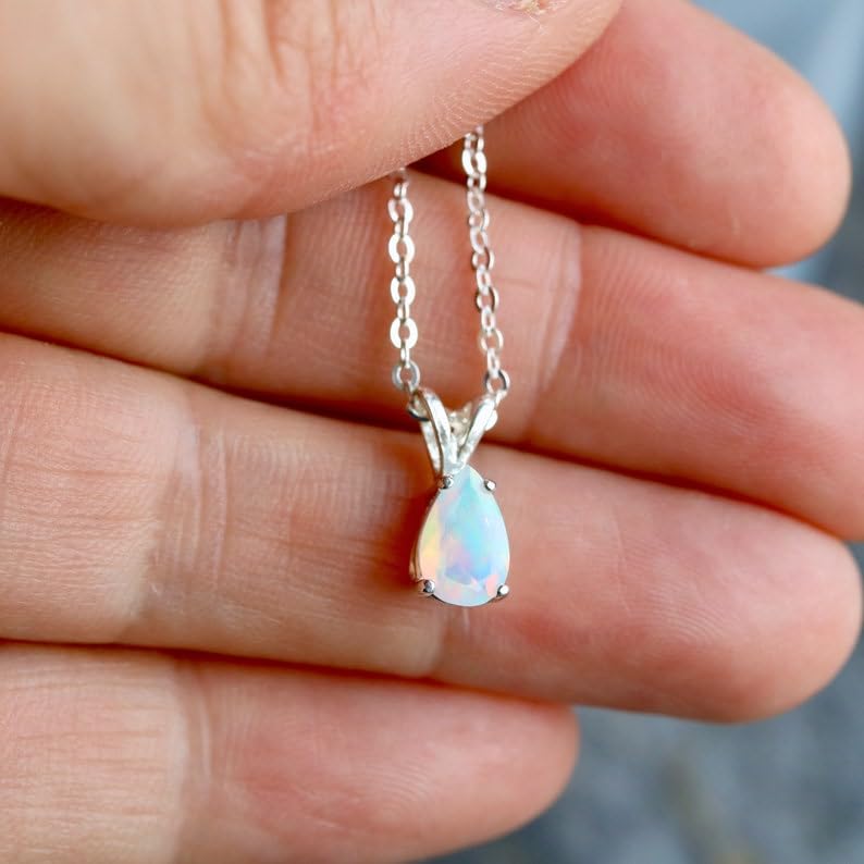 Collier opale éthiopienne naturelle bleu poire chaîne argent 45cm - 2