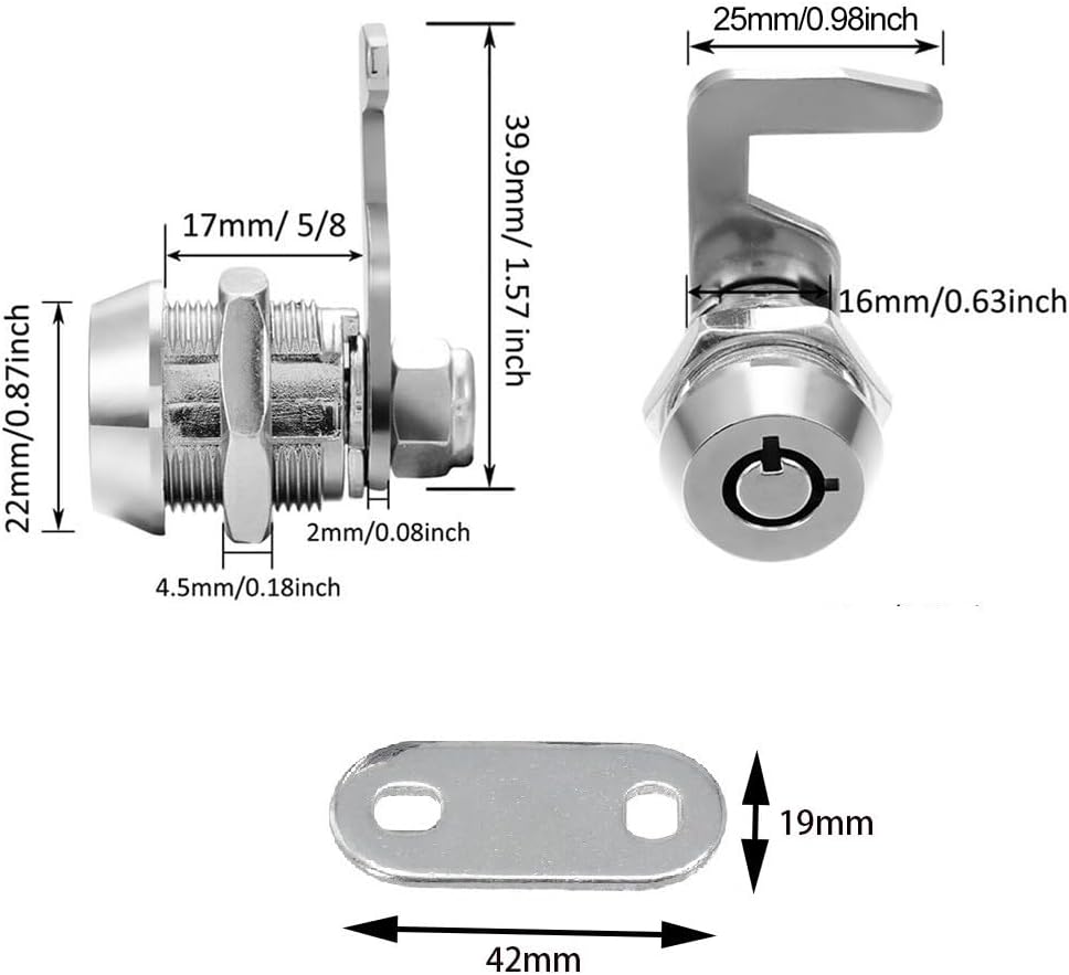 Zinc Alloy Tubular Cam Lock with 90 Degree Hook Cam, Chrome Finish Replacement Lock Cylinder for Tool Box, Vending Machine, Cabinet and Drawer, Silver