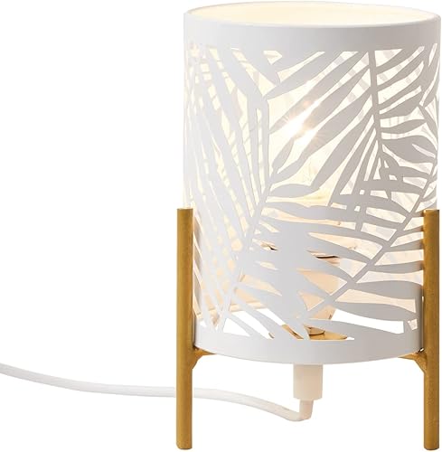 Miniatura 5 de OuXean Lámpara de mesa decorativa, soporte dorado de trípode con pantalla hueca de metal blanco, luz nocturna para mesita, E12 40W, sin bombilla