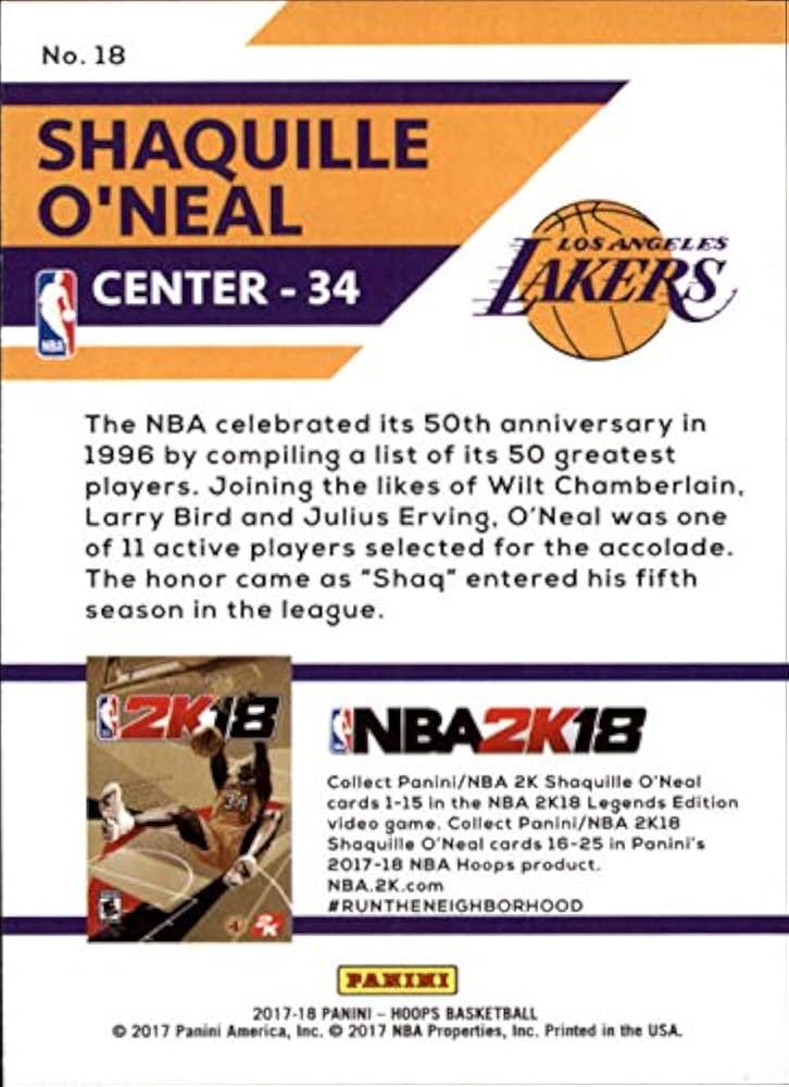 Amazon.com: 2017-18 Hoops Shaquille O'Neal NBA 2K #18