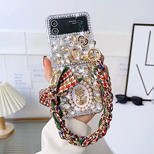 Omio for Samsung Galaxy Z Flip 4 Bling Case with Hand Chain Wrist Strap Bracelet Silk Scarf for Girls Women Sparkle Rhinestone Pearl Crystal Glitter Diamond Shockproof Cover for Galaxy Z Flip 4 Gold