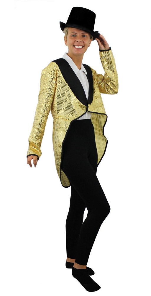 LADIES GOLD SEQUIN TAILCOAT + BLACK TOP HAT FANCY DRESS ACCESSORY SET DANCE SHOWS MUSICALS OUTFIT CABARET UNISEX TAIL COAT (UK 20-22)