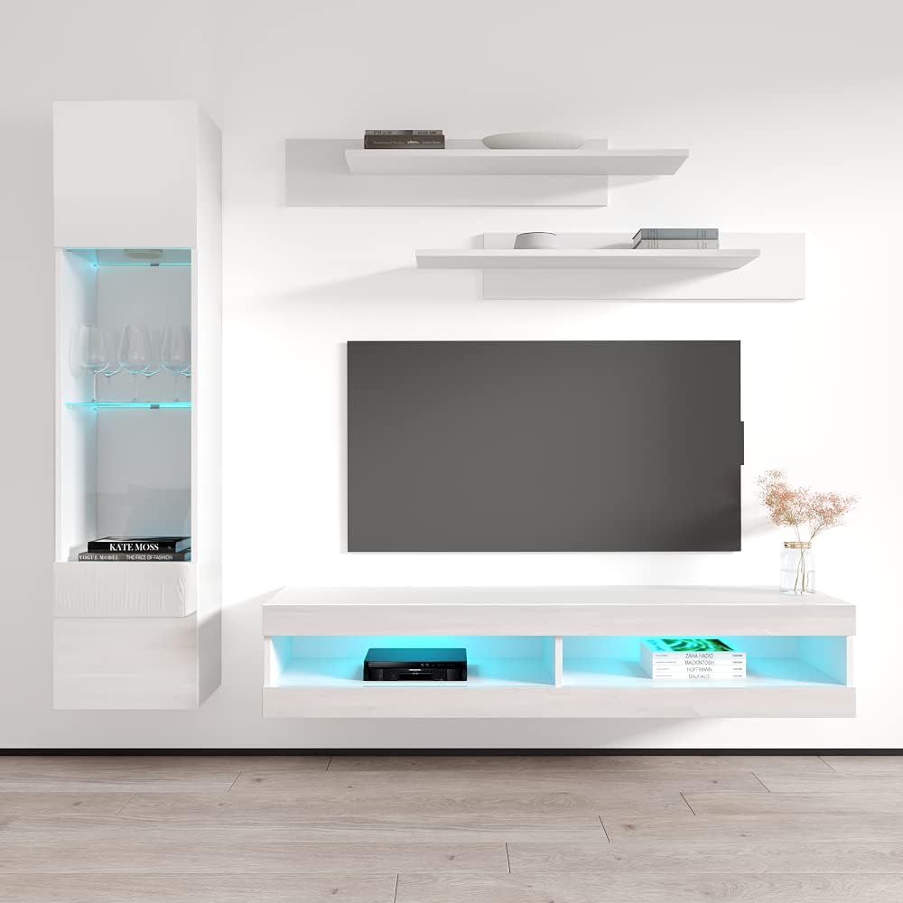 Meble Furniture Fly G3 34TV Stand Wall-Mounted Entertainment Center — Floating Media Console with Storage Shelves and LED Lights — Modern High Gloss, 59.1 x 15.7 x 13.8 in — White