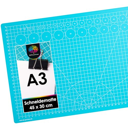 OfficeTree Schneidematte A3 - Blau - mit beidseitigen Rastern und Markierungen - Bastelunterlage 45x30 als Nähen Zubehör - Auch als Schneideunterlage und Malunterlage