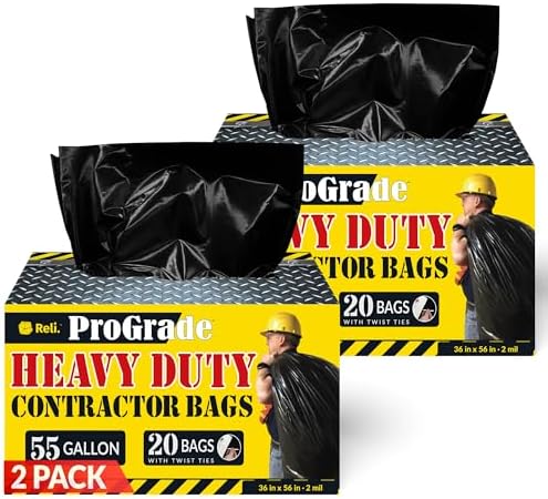 Reli. Contractor Garbage Bags 55 Gallon | 40 Trash Bags | Heavy Duty | Black Contractor
