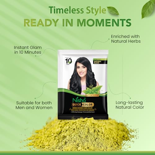 Image of Nisha 10 Minute Quick Henna Powder Hair Colour - Organic Henna-Based Instant Hair Colour for Women & Men, 100% Gray Coverage, Ammonia-Free, Natural Black Hair Dye (60g Each, Pack of 3)