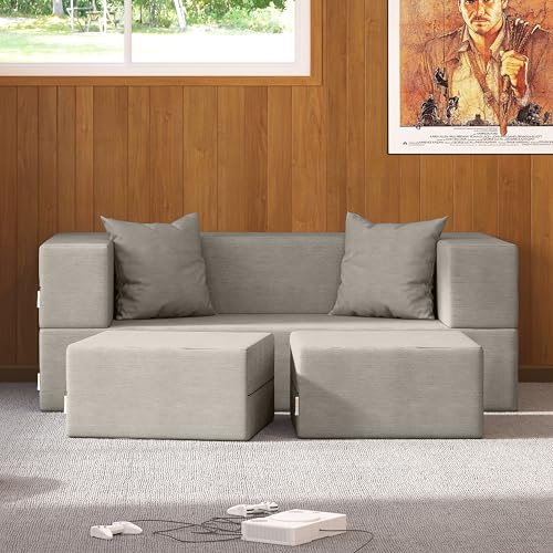 Jaxx Zipline Convertible Sleeper Loveseat & Ottomans, Textured Microvelvet - Dove Grey