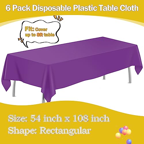 Image of tujol Purple 6 Pack Plastic Table Cloth 54 inch x 108 inch, Disposable Tablecloths Rectangle Table Cover, Plastic Tablecloths for Parties