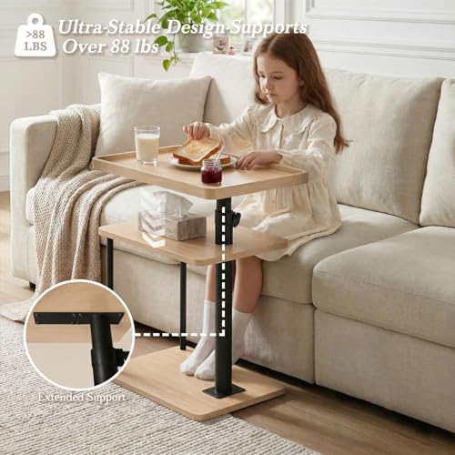 Image of Faesun C Table End Table Adjustable Height, 360Swivel TV Tray Table for Small Spaces, Small Nightstand for Living Room, Bedroom, Oak
