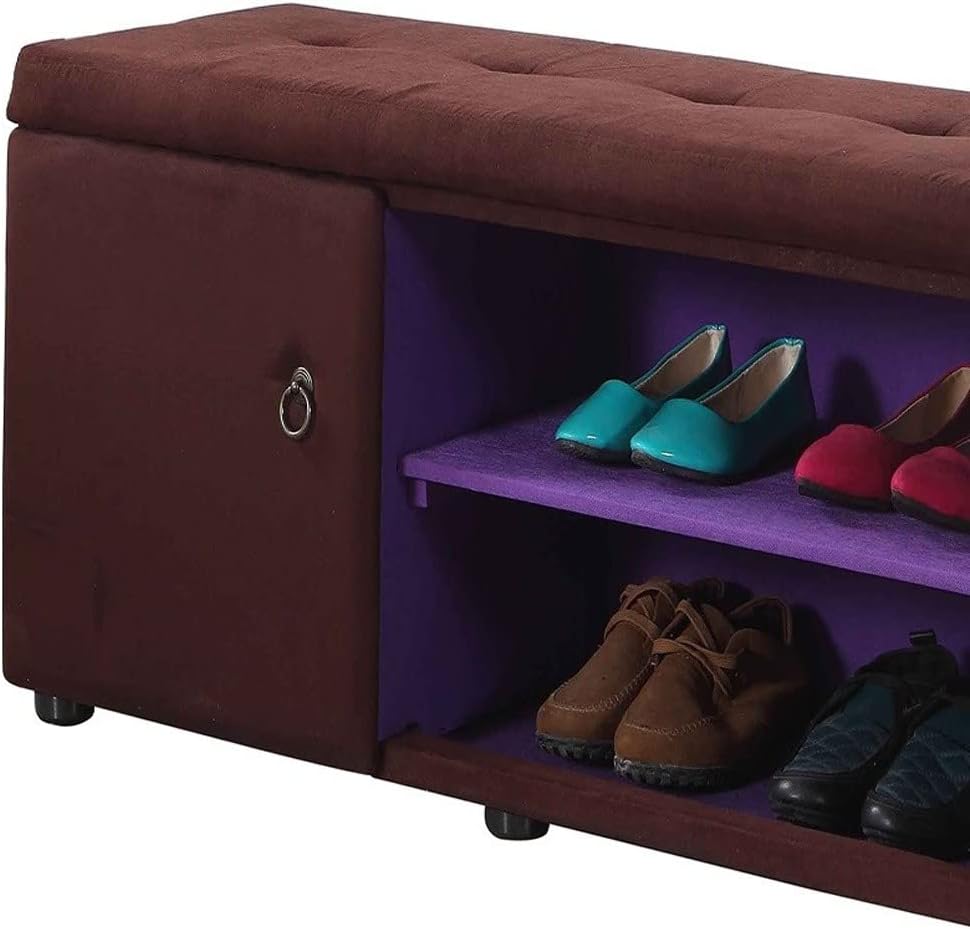 HomeRoots Wood, Polyurethane Foam: 97%, Polyester Fabric: 3% Brown and Purple Tufted Shoe Storage Bench