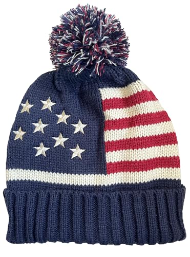 NY GOLDEN FASHION Women Men American Flag Cuffed Knit Hat USA Flag Patriotic Beanie with Pom Pom (US, Alpha, Small, X-Large, 1pc Navy)