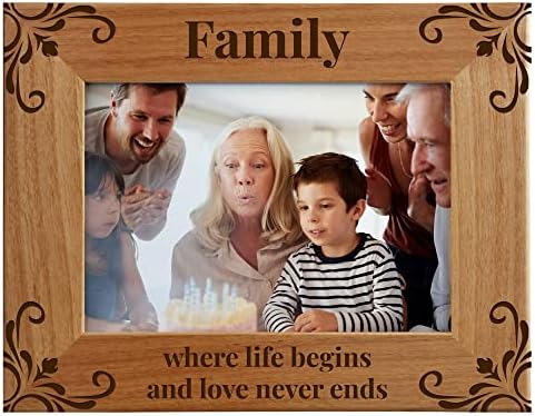 Family Where Life Begins And Love Never Ends - Family Picture Frame, Fits a 5x7 Horizontal Portrait, Engraved Natural Wood Photo Frame for Family, Dad, Mom, Grandparents, Father, From son, daughter