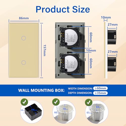 BSEED Touch Lichtschalter 1 Fach 1 Weg mit 1 Fach 1 Weg Wandschalter mit Glasscheibe 3-500W Ber&uuml;hrungssensor EU Standard Wandlichtschalter 157mm - golden