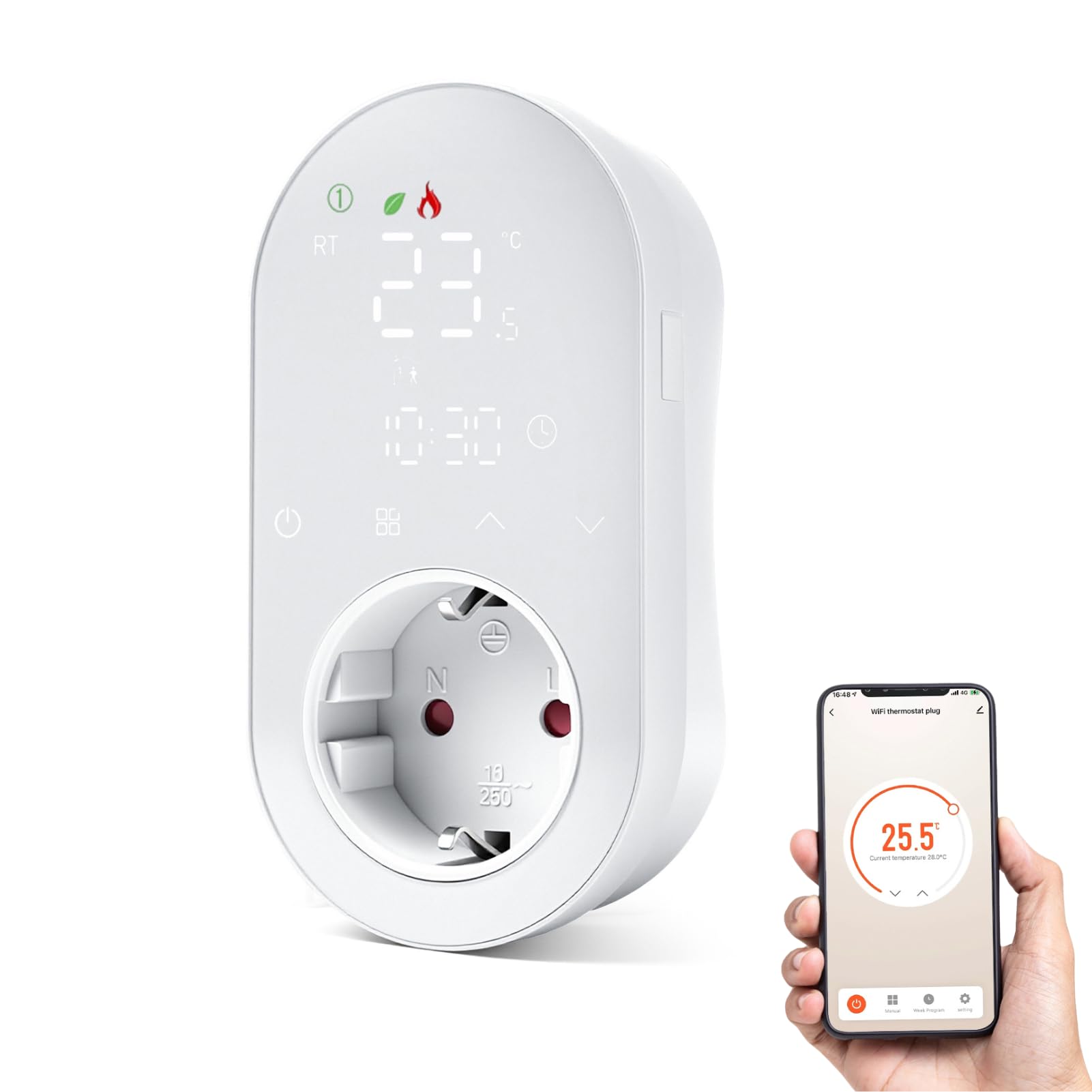 Presa termostatica Wi-Fi, 220 V, 16 A, Regolatore di Temperatura Programmabile con Modalità di Riscaldamento e Raffreddamento, Termostato Digitale a LED, compatibile con Smart Life/Alexa