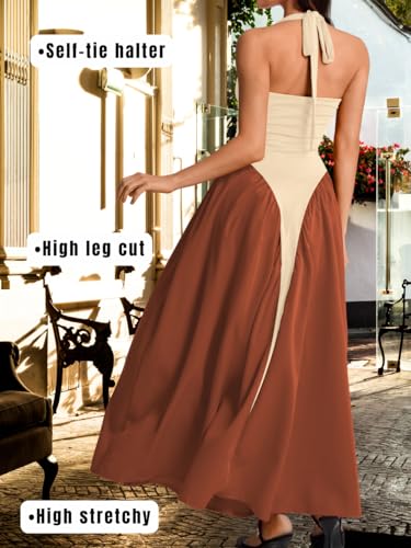Image of ChiaoLezhee Deep V Neck Dress, Halter Maxi Dresses, Vacation Date Night, Sexy for Women Corset Flowy Wedding Guest Drop Waist