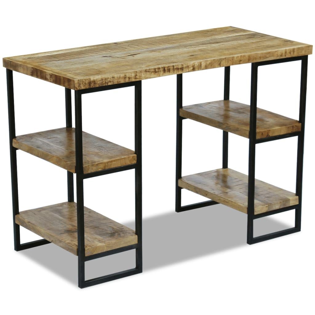 Scrivania industriale in legno di mango massiccio con struttura in acciaio, 110 x 50 x 76 cm, scrivania per computer con due scomparti per lato per libri e blocchi appunti