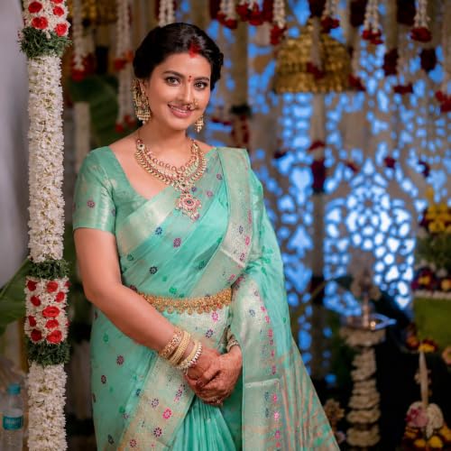 Image of Sarees for Women Wear Organaza Silk Banarasi Sari Kanjivaram Soft Pure Paithani Wedding Original Kanchipuram Pattu Sadi with Blouse Piece 2026 (Flowermeena)