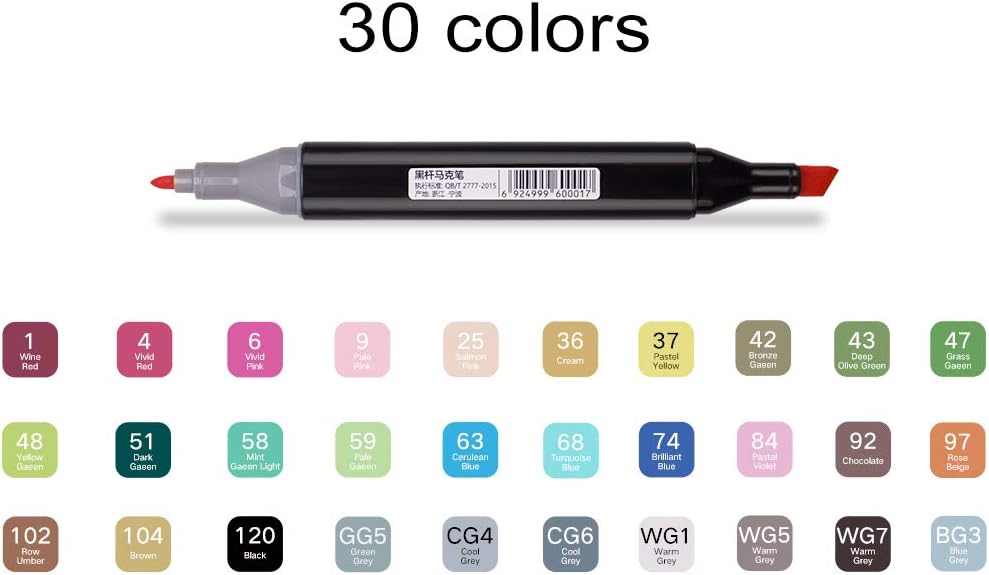 Litchitree 30 Colours Graphic Drawing Painting Alcohol Dual Tip Art Marker Pens, Extra Gift With Colourless Blender Marker,Highlighting Underlining Pen